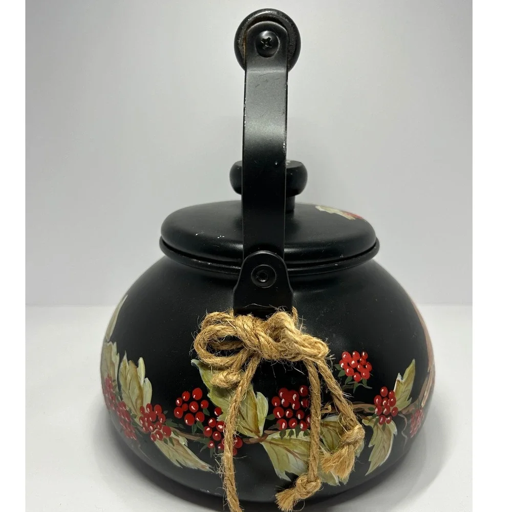 Hand Painted Matte‎ Black Tea Kettle Bird and Red Berries Decorative Farmhouse